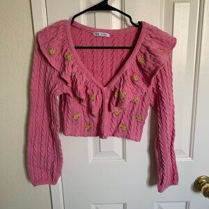 ZARA Floral Embroidered Ruffle Cardigan Sweater 5039/576, Pink, Size S